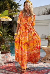 Robe longue bohème à volants et taille nouée